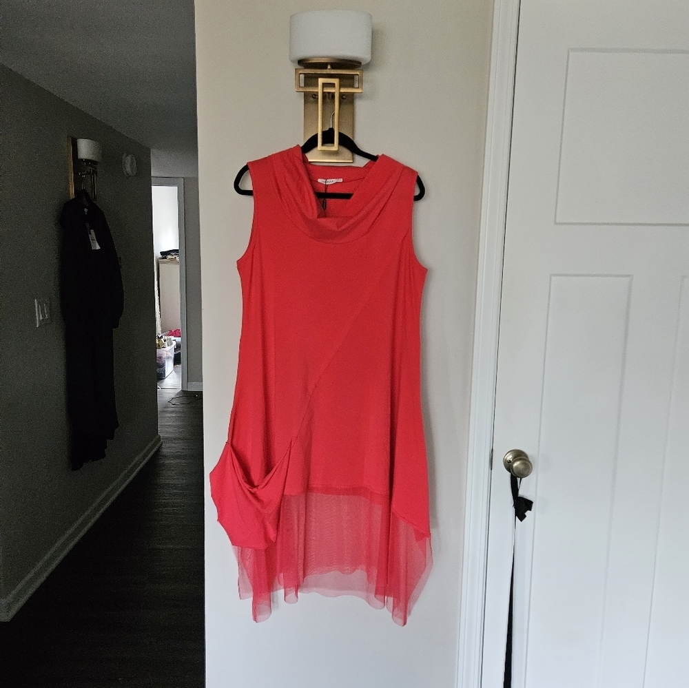 LUUKAA Pomegranate Pink Cowl Neck Mesh Pocket Lagenlook Dress NWT Size 4